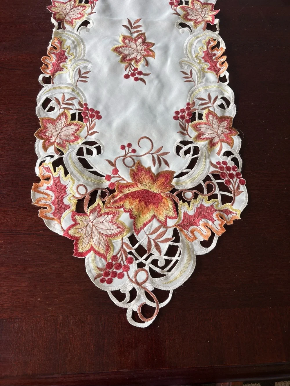 Embroidered White Table Runner with Autumn Floral Accents